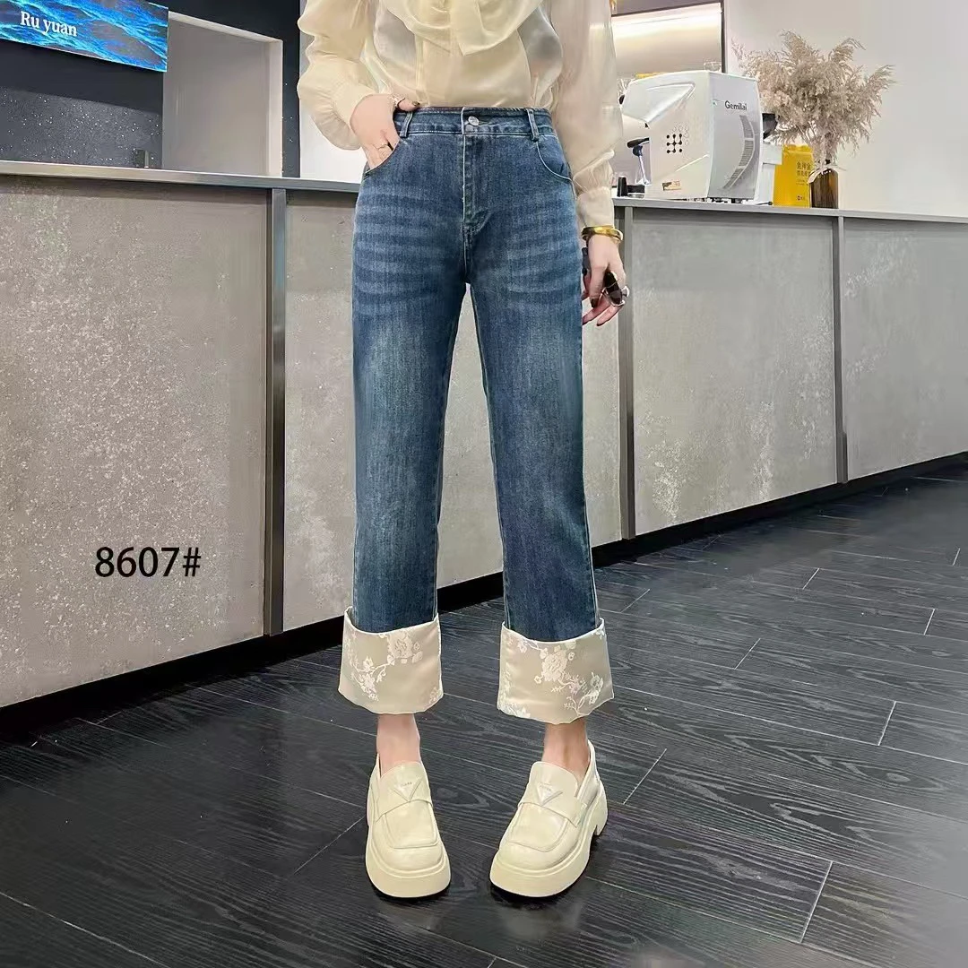 胖小旭 女秋季高腰薄款九分裤大码牛仔裤常规直筒裤8607