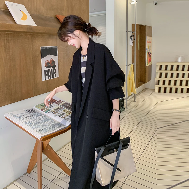 黑色韩系高级感长款西装女秋季2025年新款休闲宽松直筒炸街外套