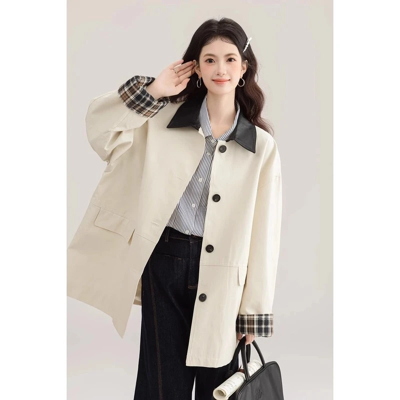 米白色短款风衣外套女2025新款春秋韩系小个子高级感宽松休闲大衣
