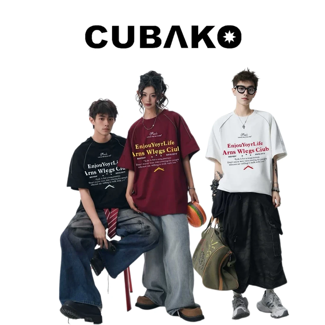 美式运动复古酒红字母印花短袖T恤夏季高级感宽松半袖重磅体恤tee