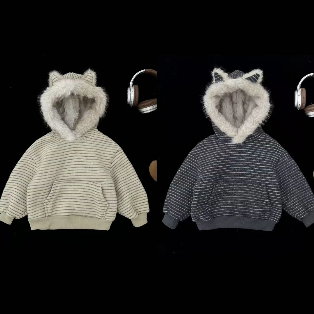 2025冬季新款条纹连帽加绒卫衣慵懒宽松宝宝上衣男女童