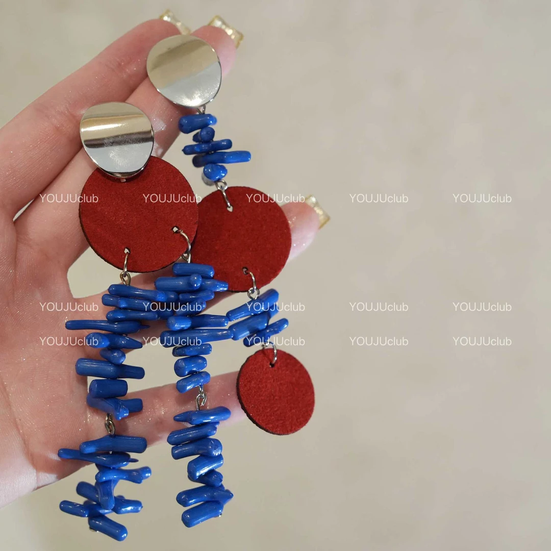 三生树语~复古撞色蓝红流苏耳环夸张氛围感新中式高级感显白耳饰