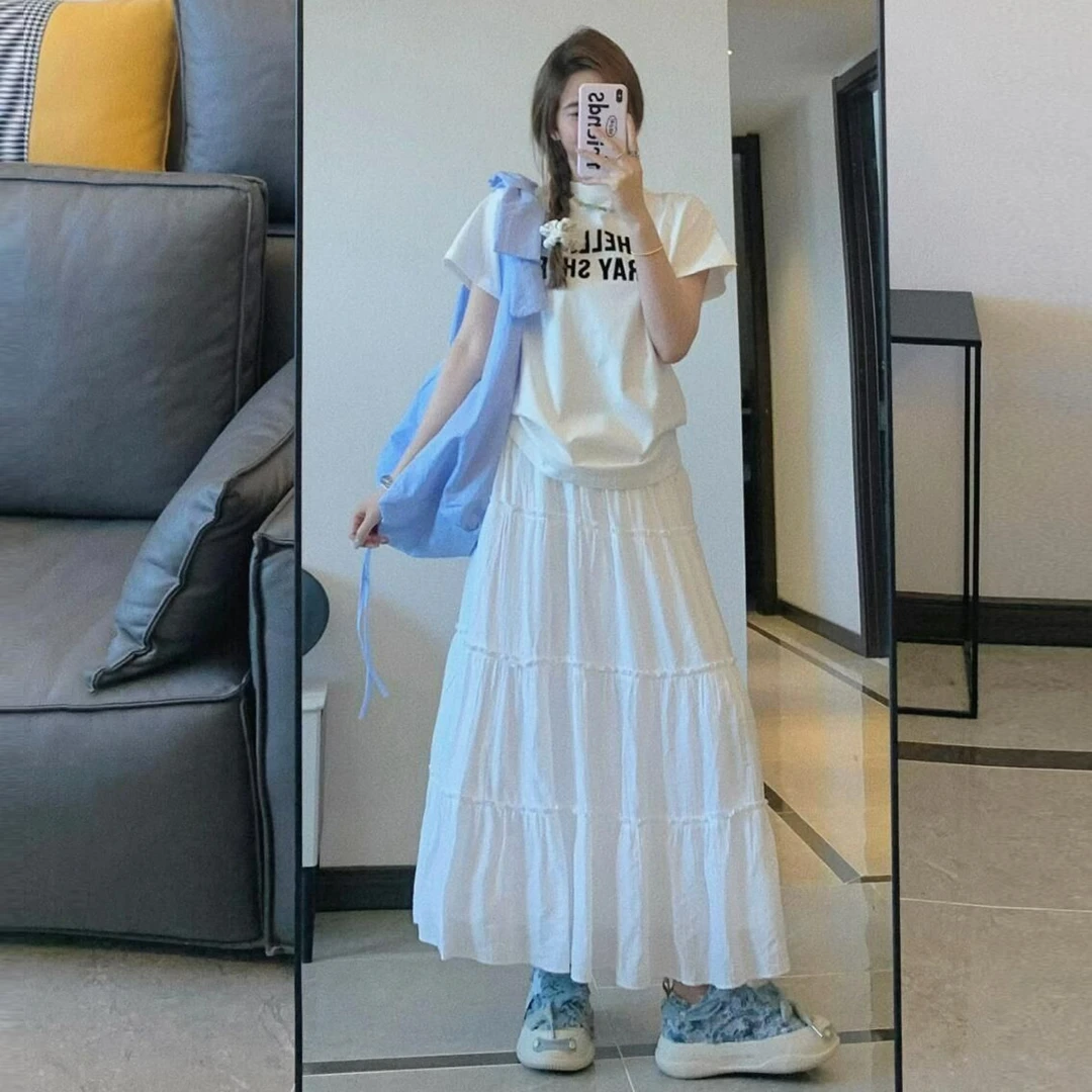 蛋糕裙女2025新款夏季高腰字白色半裙长款小个子垂坠感裙子半身裙