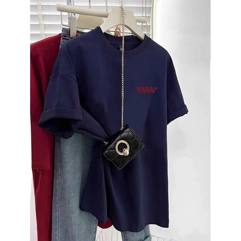 2025新款正肩短袖t恤女装设计感小众时尚百搭洋气藏青色上衣夏季