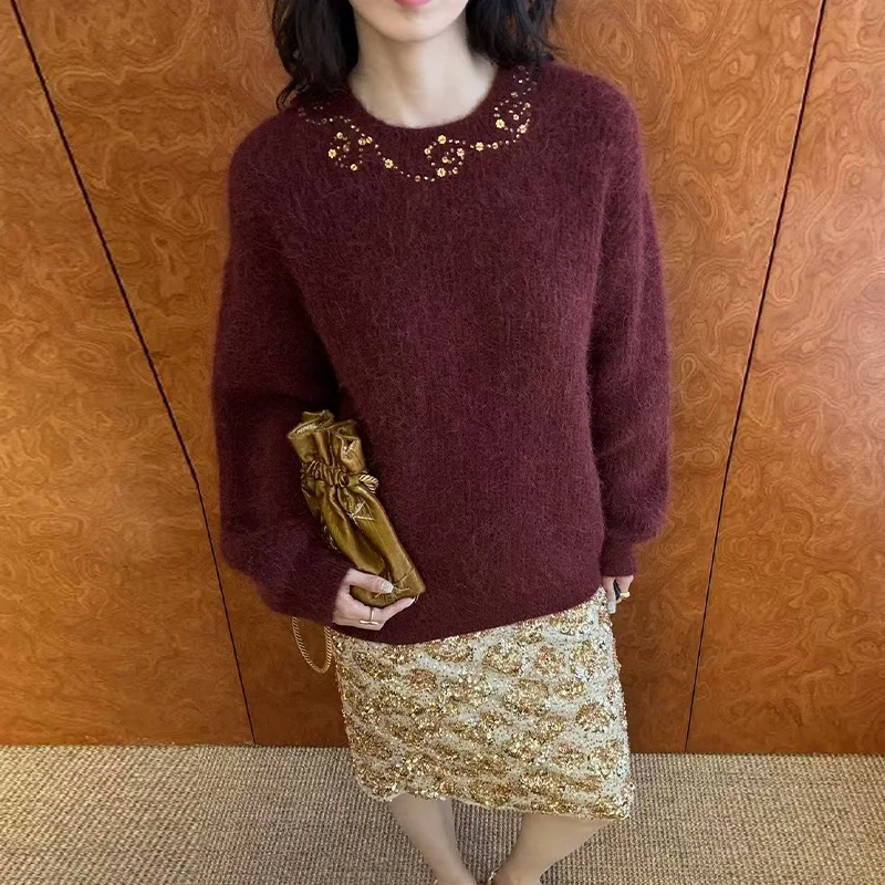 【ICE DUST】新品25秋冬时尚珠片刺绣套头长袖毛衣女