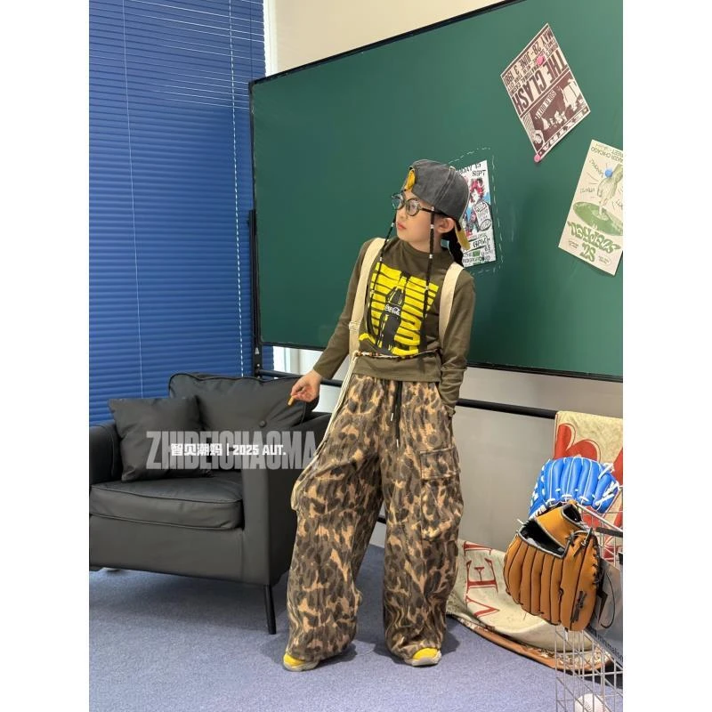 M+潮童厚款豹纹卫裤印花直筒休闲直筒裤长裤休闲裤嘻哈风宽松上衣