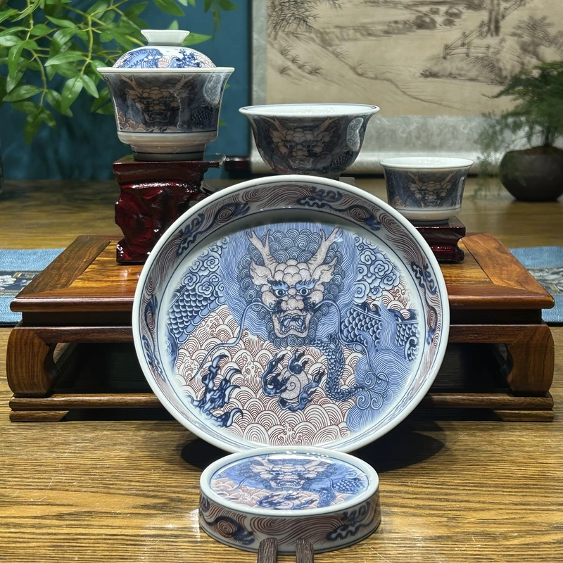 景德镇陶瓷仿古泥青花釉里红龙纹茶具套组整套茶器家用高端茶器