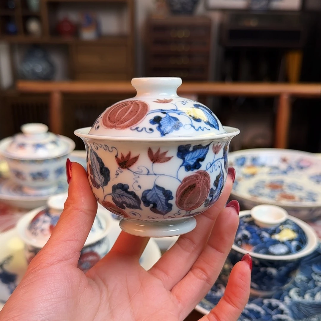 杯东*重工青花盖碗加杯子加壶乘加盖置四件套