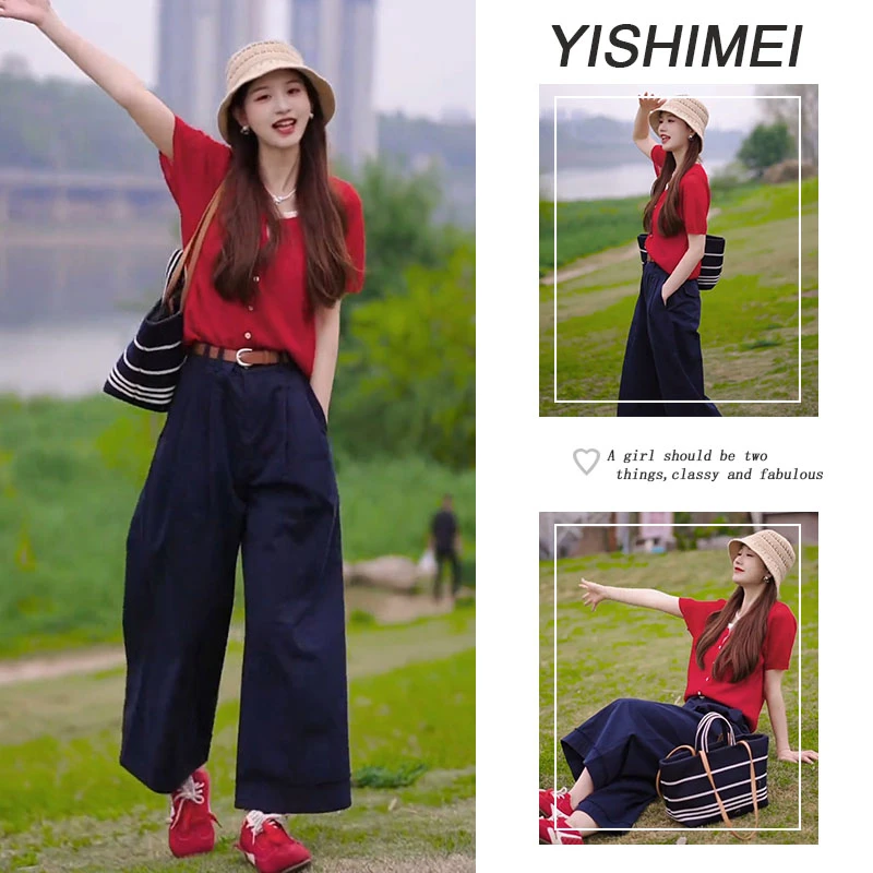 今年流行初夏穿搭2025年新款韩系百搭假两件短袖上衣休闲裤两件套