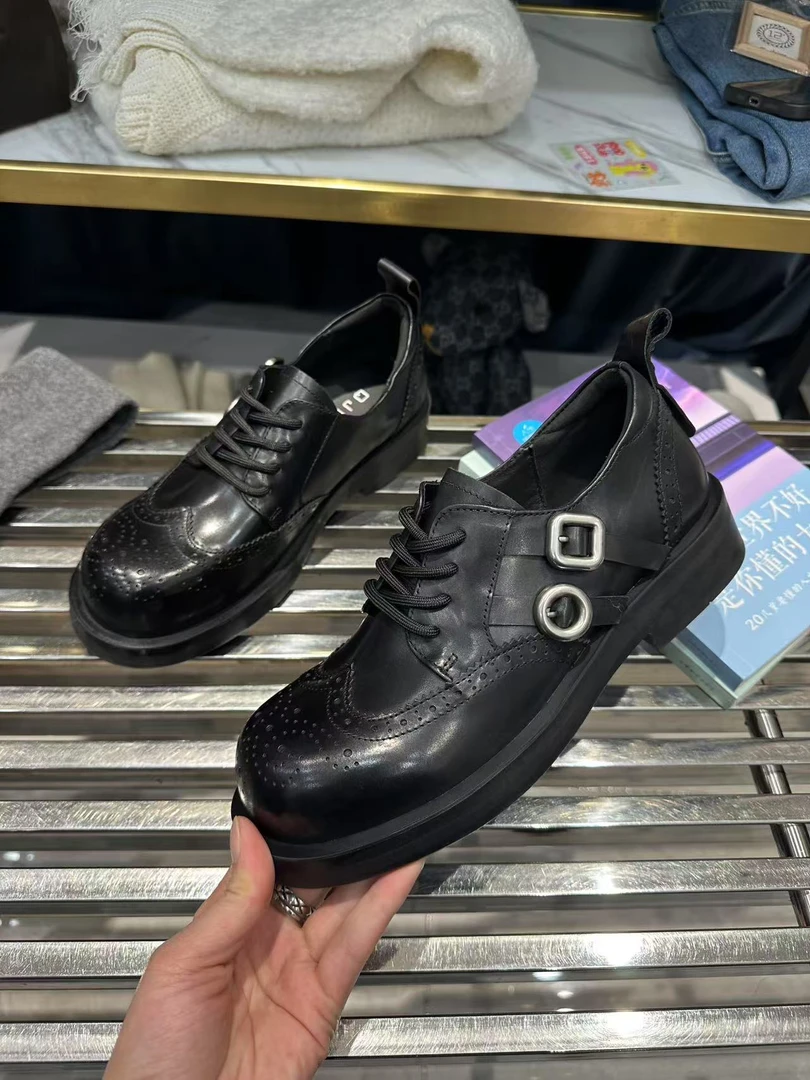 [大韩韩]早春新款8818-11胎牛皮圆头系带气质休闲舒适厚底乐福鞋