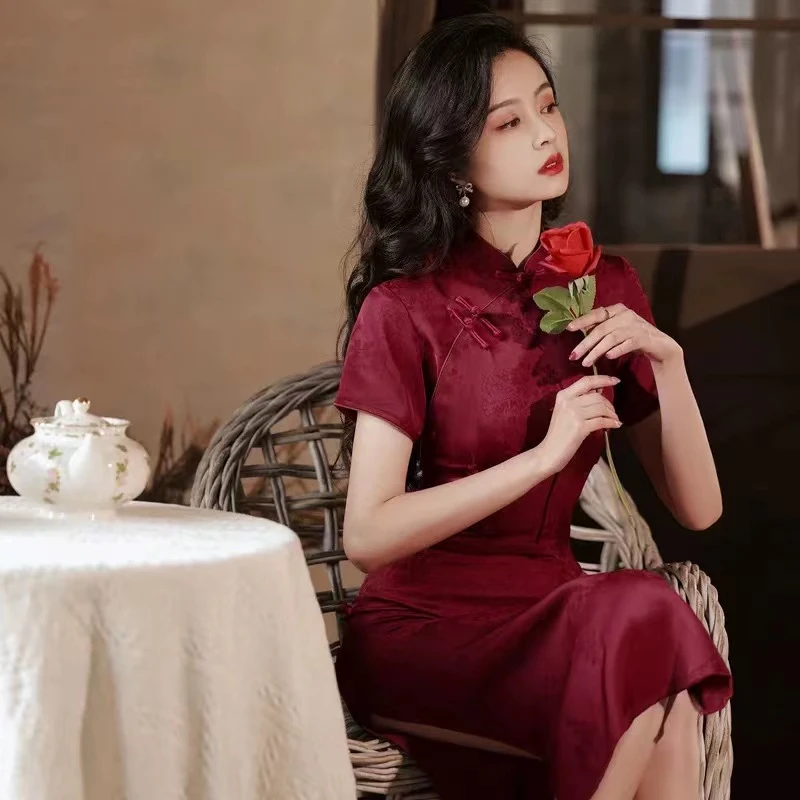 204-酒红 绝美 暗纹提花 手工扣 改良 旗袍