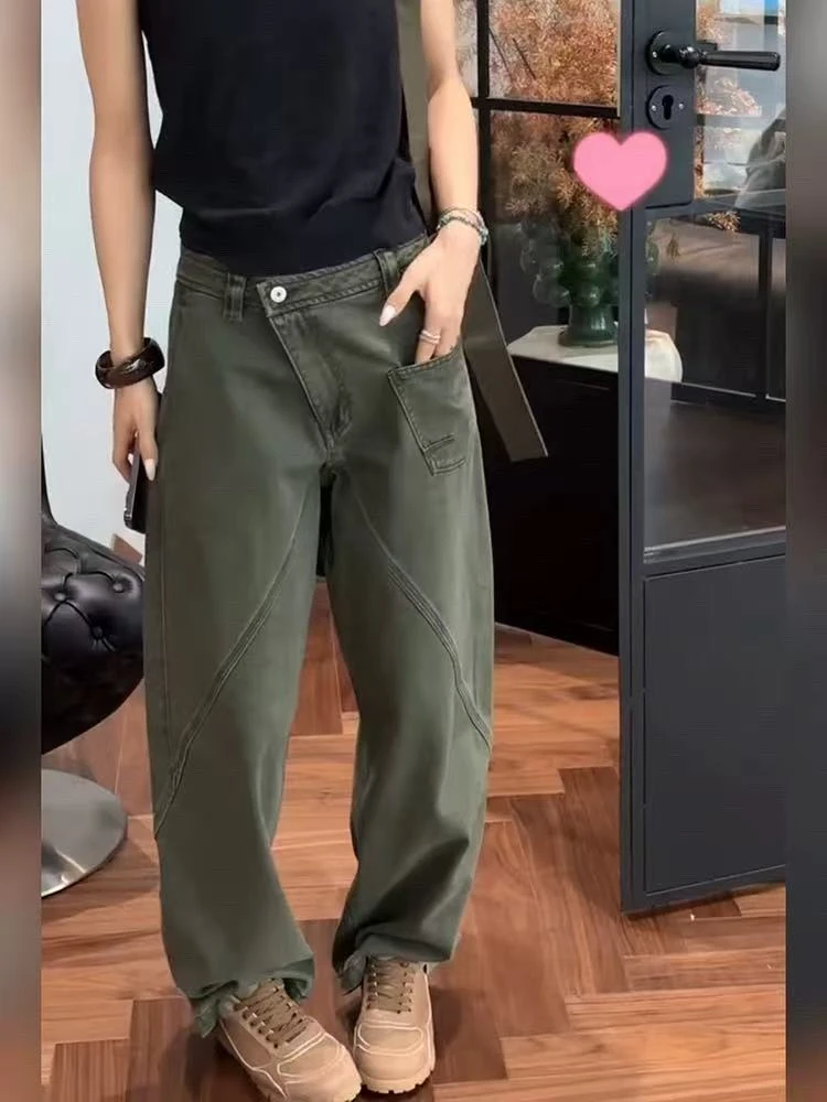2025早秋新款牛仔裤潮流做旧长裤超长女裤高腰直筒阔腿美式女裤