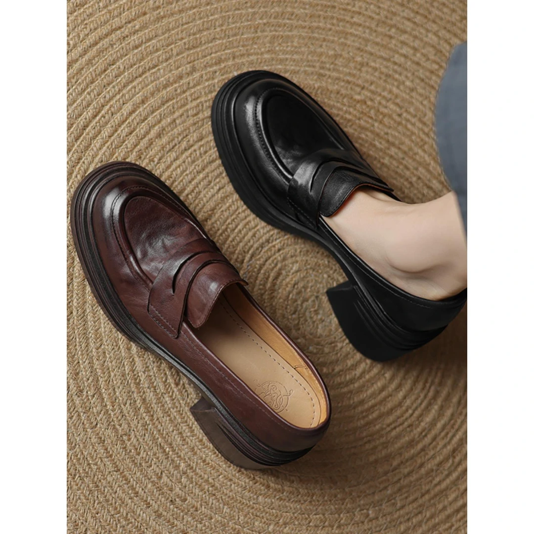 TOUCH MISS7cm！有点复古新款真皮单鞋女粗跟厚底小皮鞋法式高跟鞋