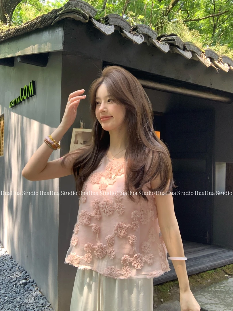 【花花】干枯玫瑰~自制款百搭立体刺绣小花小衫+可调节吊带两件套