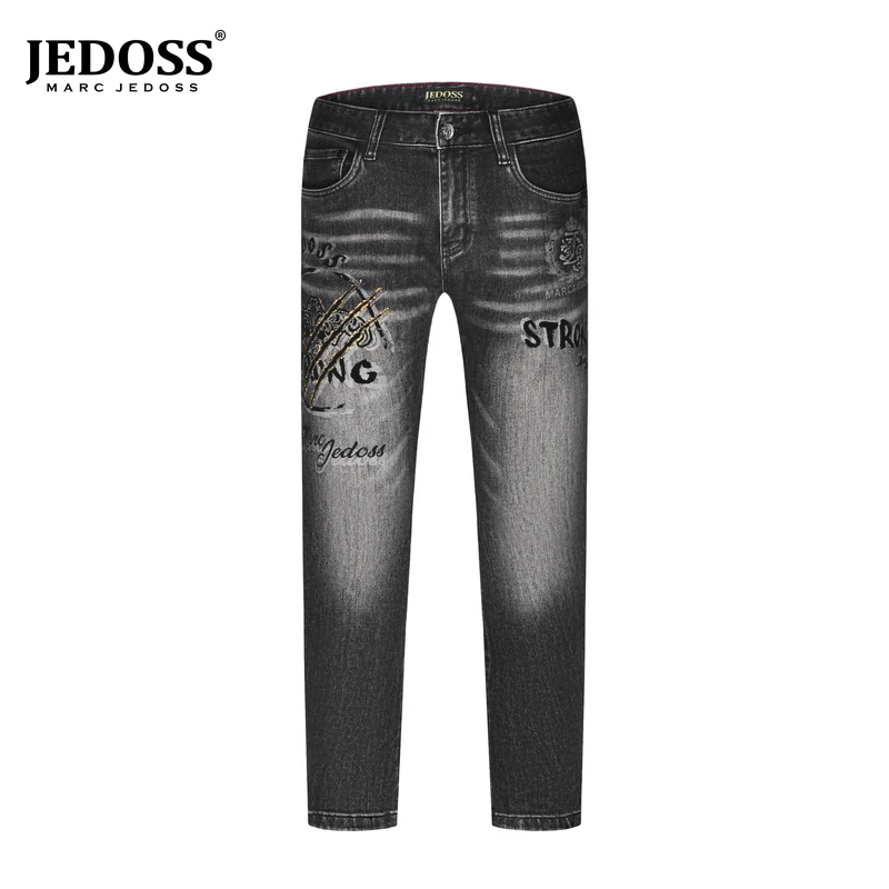 JEDOSS/爵迪斯2025秋上新时尚轻奢男装LOGO烫钻直筒牛仔裤水洗0BF