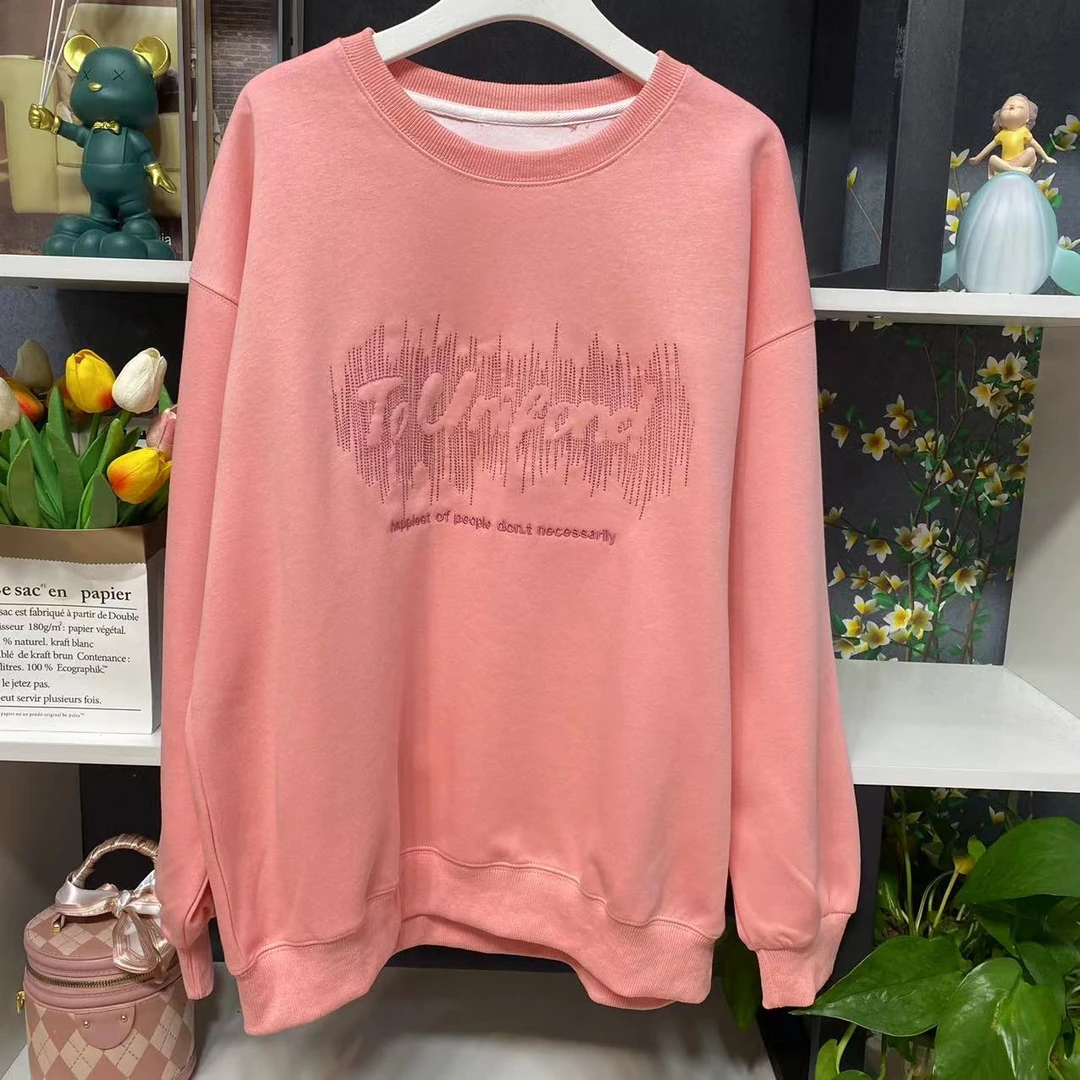E1051【新款】时尚圆领粉色字母立体印花韩版卫衣