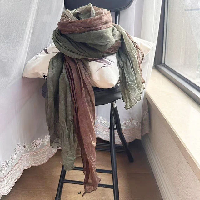 棉麻围巾女士复古扎染亚麻撞色拼色渐变披肩文艺乱皱棉围脖保暖