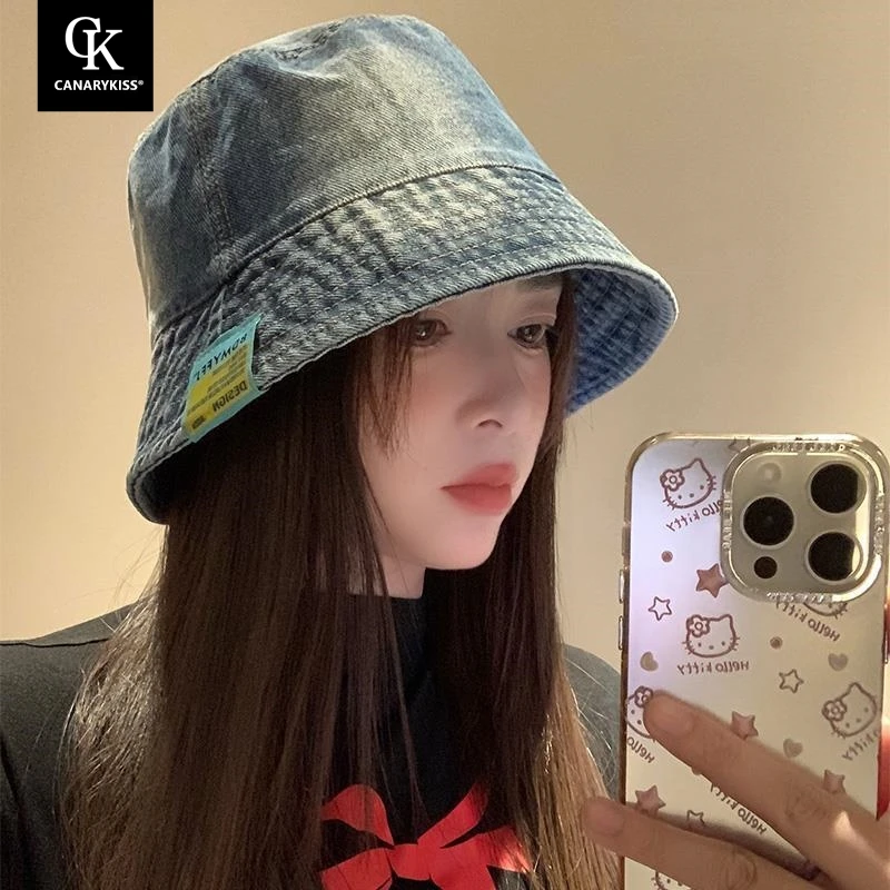 Canary Kiss复古牛仔渔夫帽女秋季防晒水桶帽大头围显脸小盆帽男