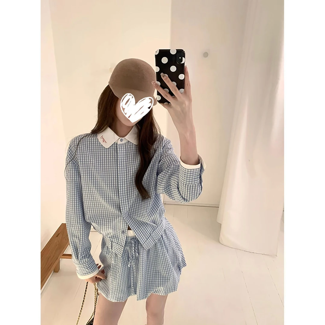 学院风设计感蓝格子衬衫撞色翻领上衣女秋季新款花苞短裙两件套装