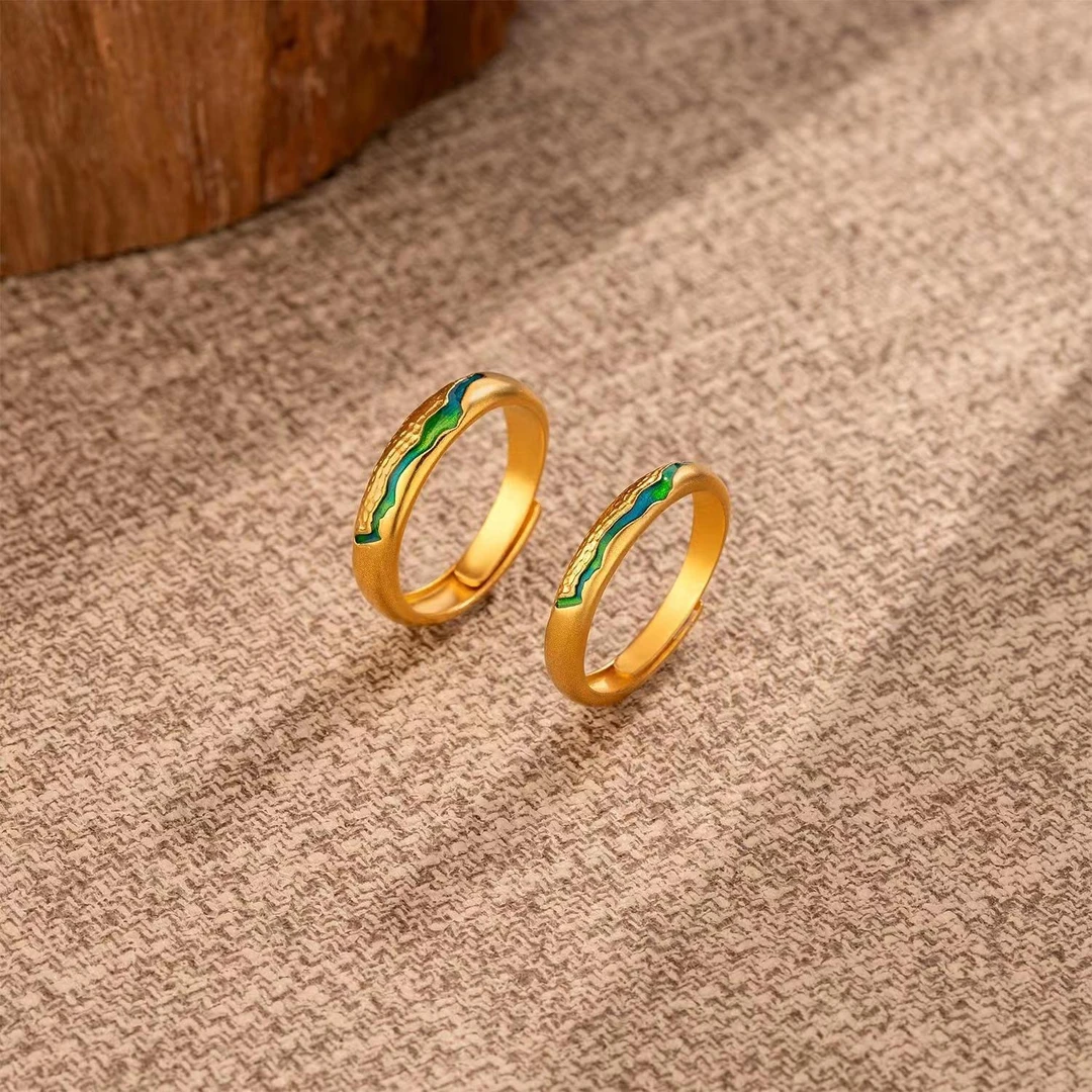 铜合金戒指 千里江山戒指男女同款情侣对戒礼物手工打磨抛光