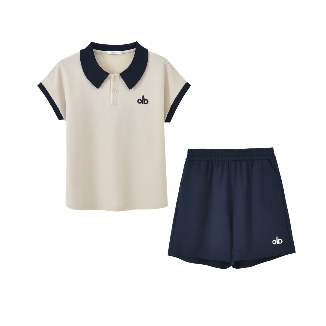 即墨25年夏季新款小翻领字母刺绣短袖T恤短裤时尚百搭休闲两件套