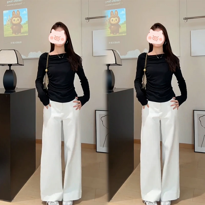 秋季套装女2025新款设计感黑色露肩长袖上衣宽松阔腿裤时尚两件套