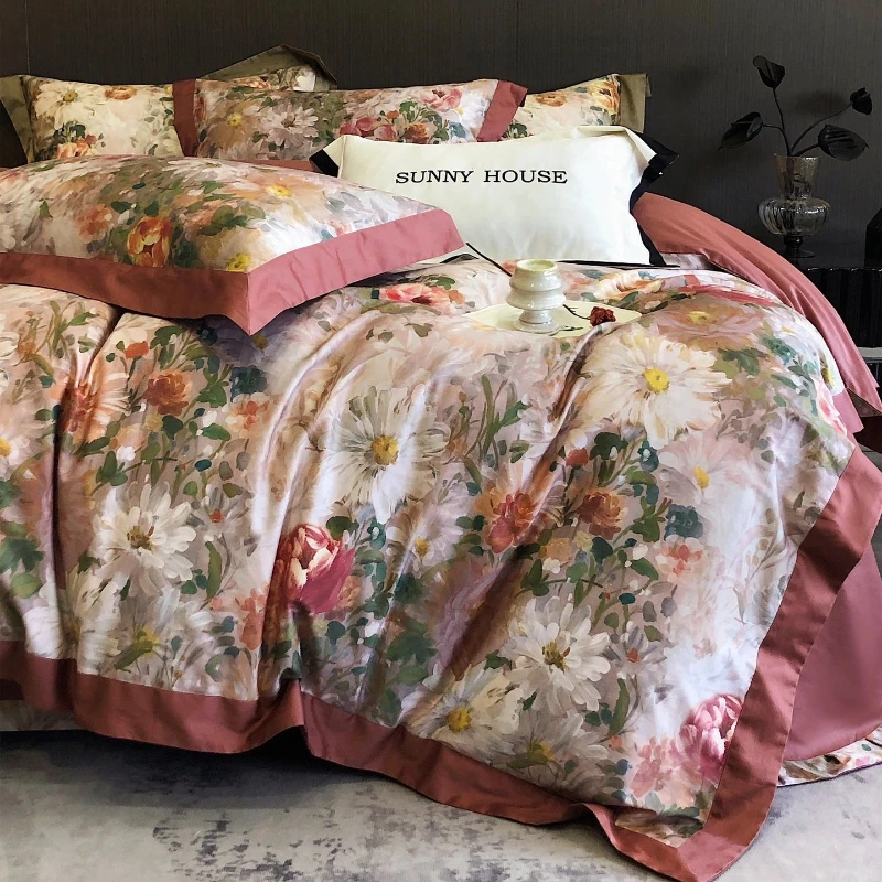 老柯家纺 100S奥棉数码印花宽边高档四件套花卉美式轻奢床上用品