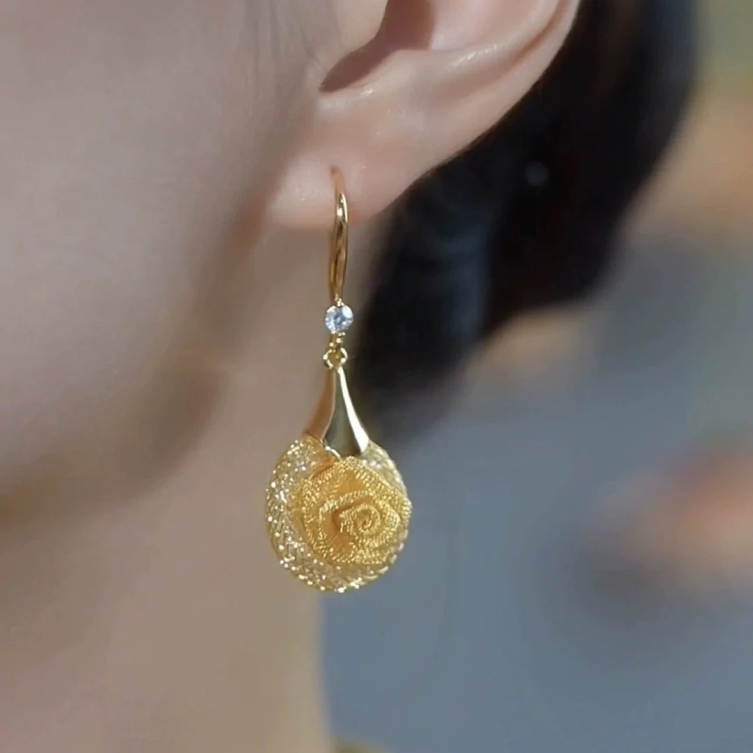 合金合成锆石耳饰 金色玫瑰花珠宝轻奢百搭时尚耳环174