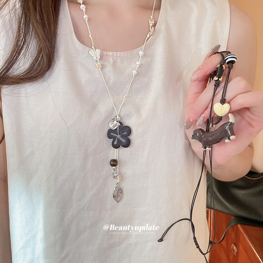 合金树脂项链 陶瓷木珠花朵树叶腊肠狗吊坠流苏项链卡通小众设计