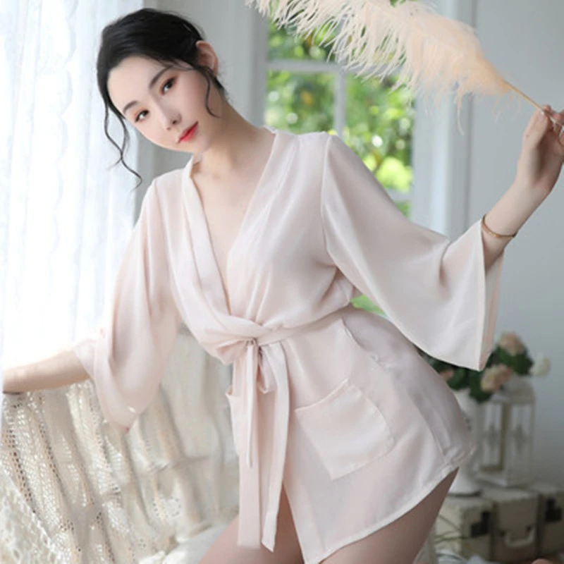 女生夏季雪纺大码日系和服浴袍睡袍透视薄款家居睡衣