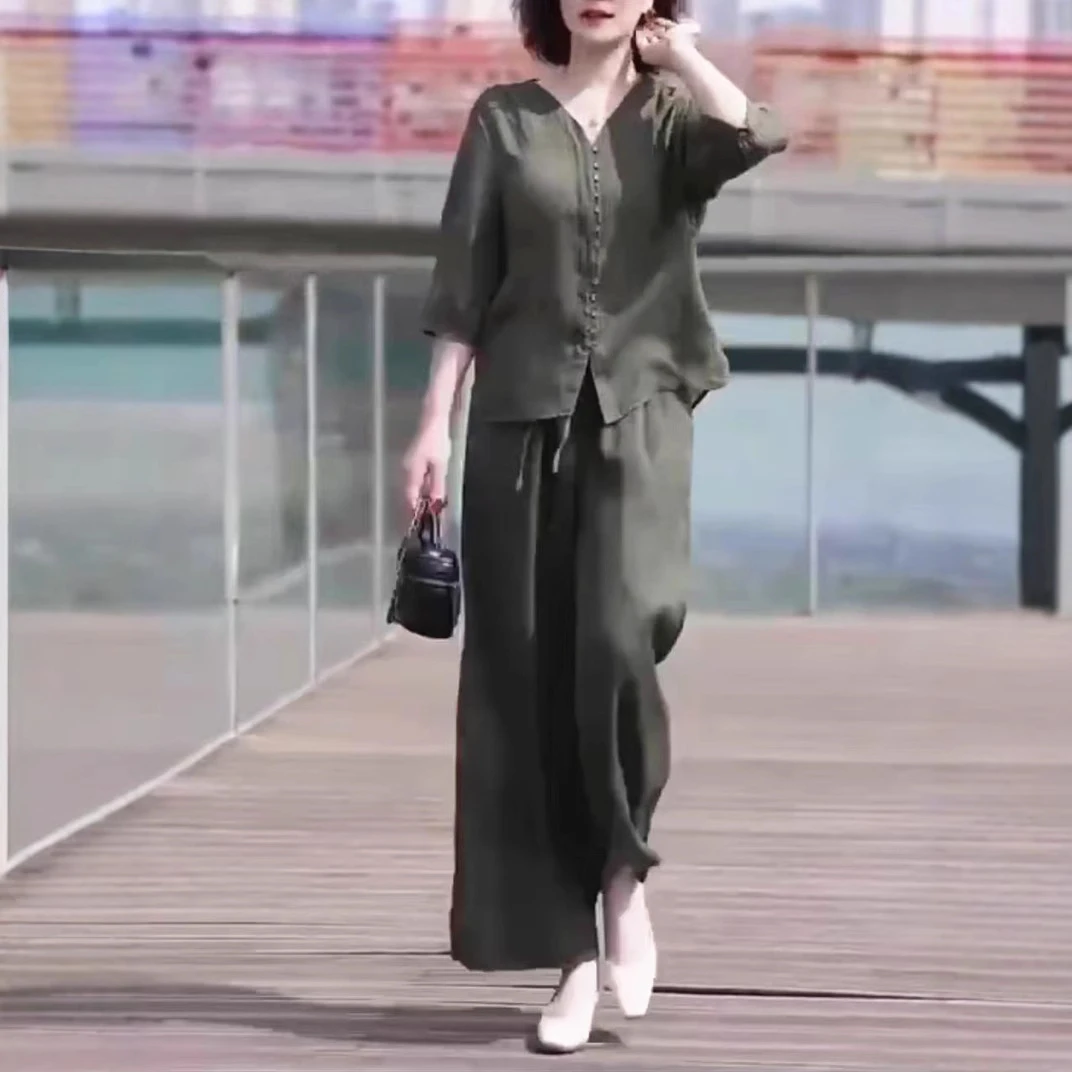 2025夏季新款复古V领上衣纯色百搭气质时尚阔腿裤两件套宽松显瘦
