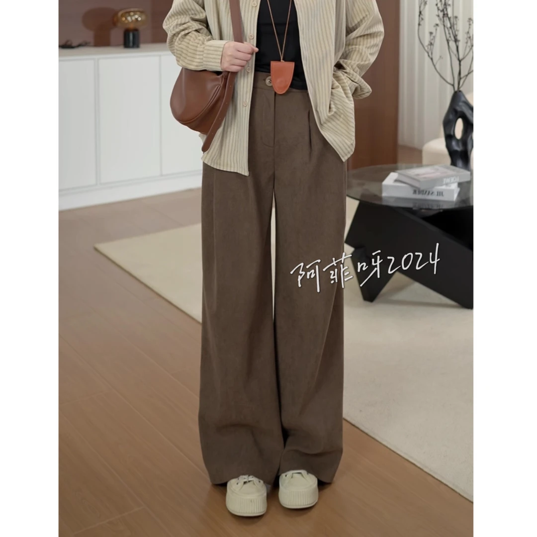 春秋款灯芯绒阔腿裤针织高腰休闲百搭设计感垂感显瘦拖地宽松