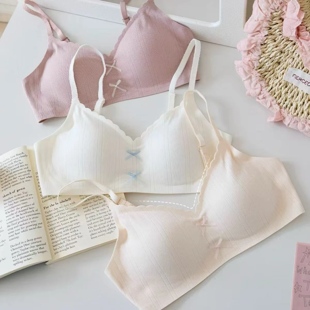 新款甜美蝴蝶结无痕螺纹内衣女小胸聚拢无钢圈裸感舒适纯色文胸L
