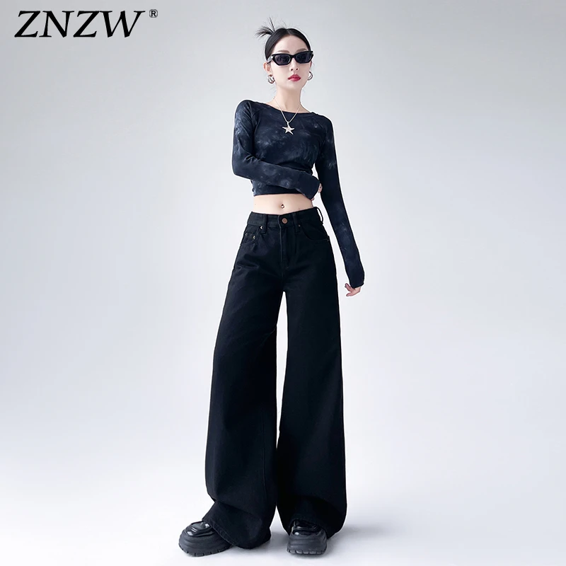 ZNZW黑色阔腿牛仔裤女2025新款夏季美式宽松高腰垂感慵懒直筒裤女