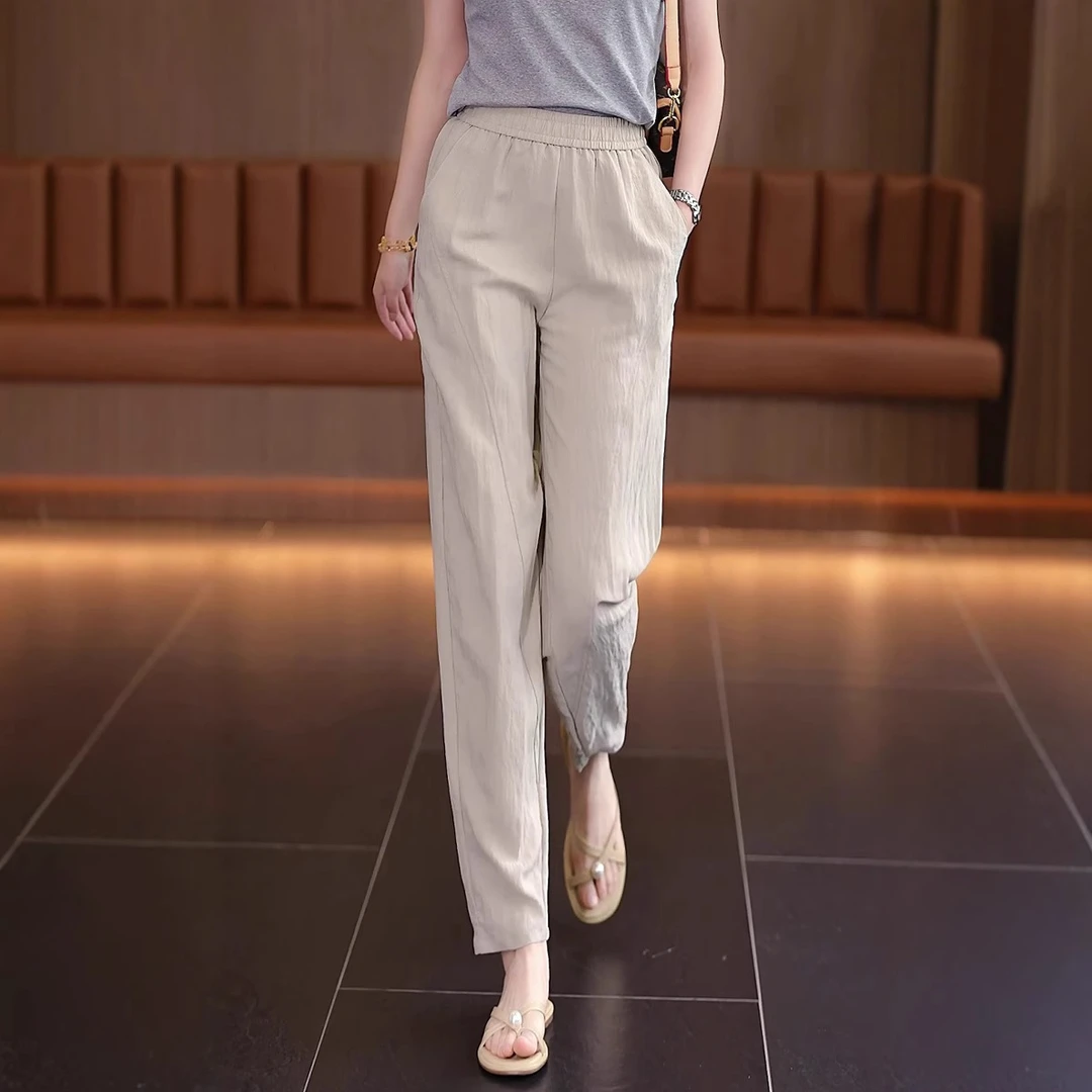 亚麻冰丝直筒裤女百搭2025新款凉凉裤高腰显瘦垂感薄款宽松哈伦裤