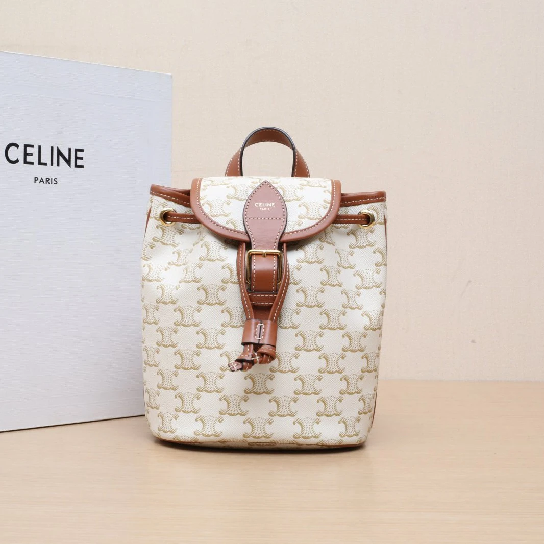 99新 Celine/思琳 【黑黑】Folco 抽绳双肩包 Mini 迷你 白色