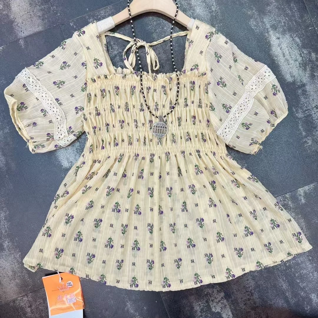 大码法式方领短袖碎花衬衫2025夏季胖MM甜美收腰显瘦百搭美背上衣