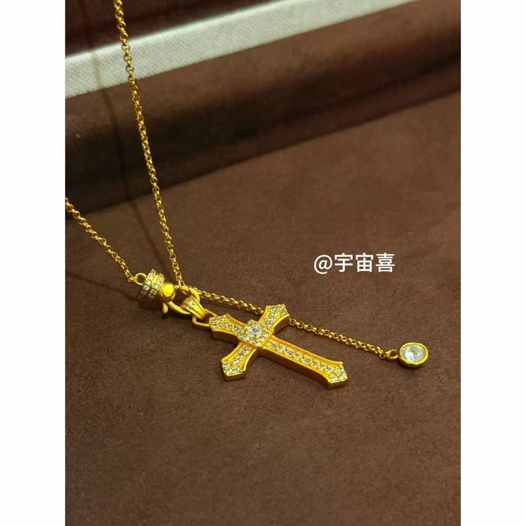 铜合金项链 I1-457【金色白锆十字架坠流苏白锆项链】