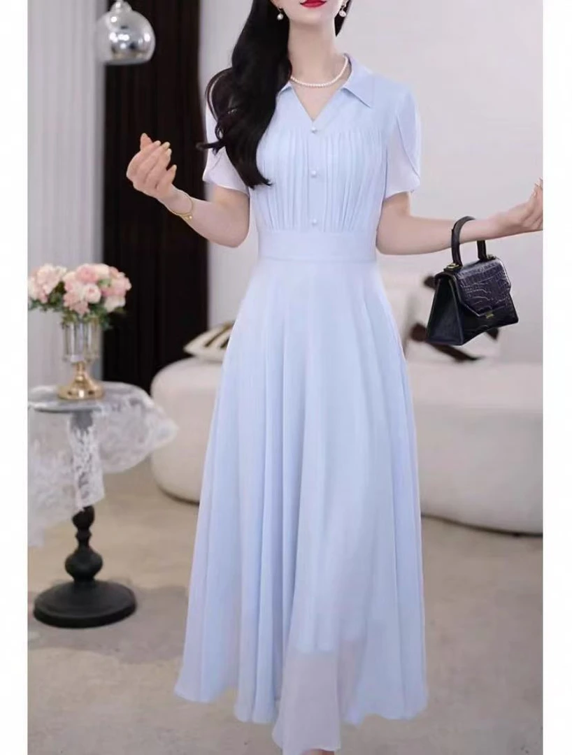 2025新款气质纯色瘦腰显瘦短袖连衣裙5191