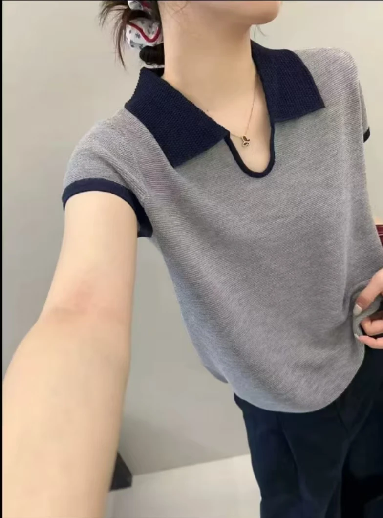 法式polo领撞色针织短袖上衣女2025夏季时尚设计感小众别致短款