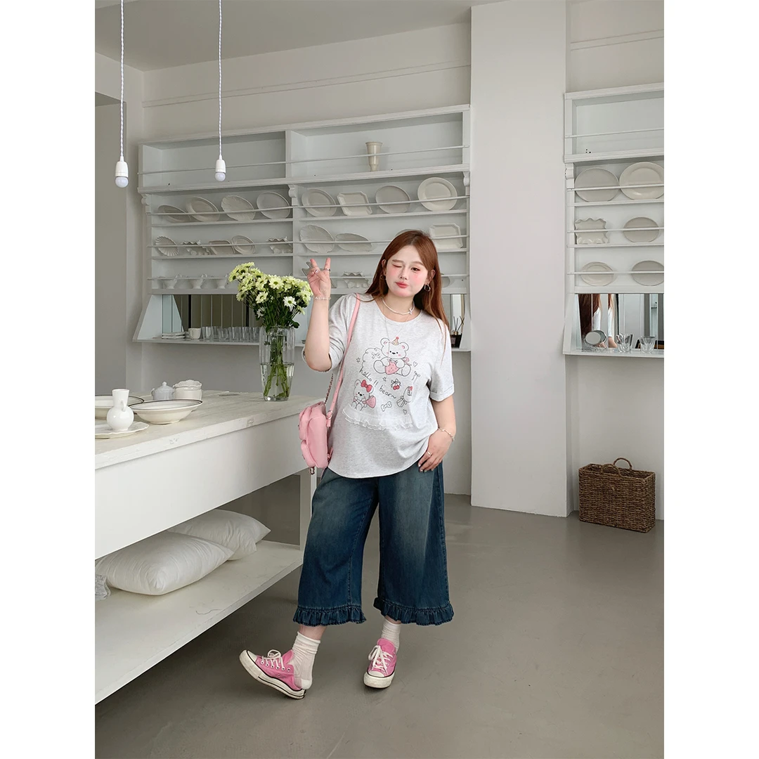 徐达布【十夜颂歌】大码花灰色宽松半袖上衣女正肩T恤T34863C52