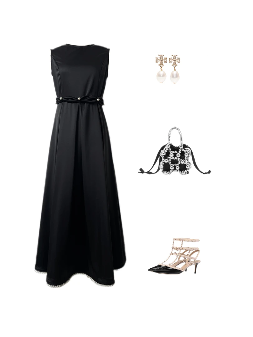 “暗夜珠冕”重工珍珠连衣裙高定面料深海黑缎手工缝制珍珠立体剪裁