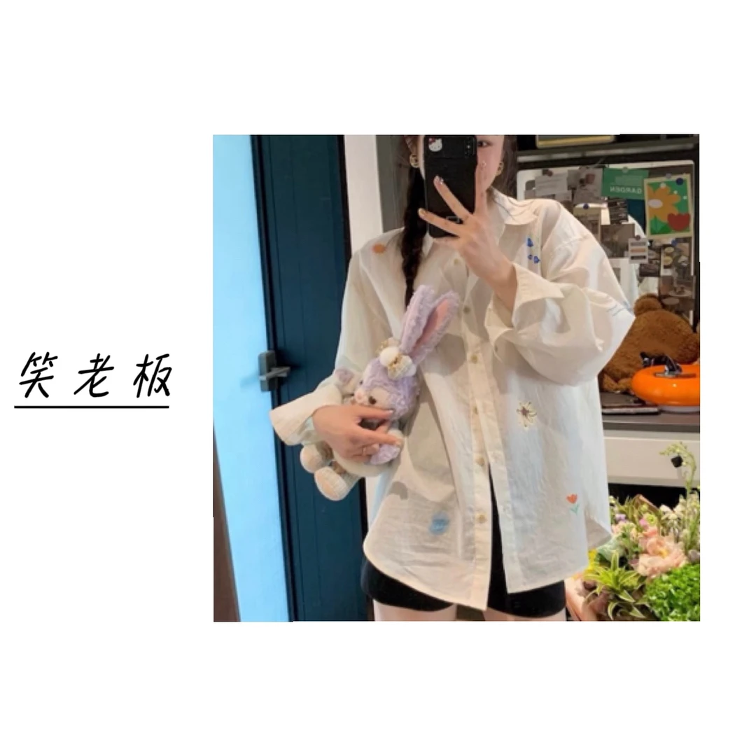 【元气防晒衬衫】2025韩系宽松休闲刺绣印花慵懒风衬衫