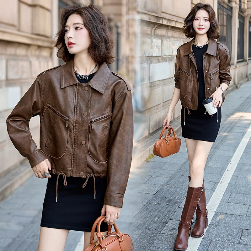 海宁真皮绵羊皮夹克2025年新款宽松复古短款小个子妈妈皮衣女外套