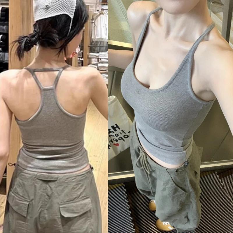 灰色挂脖U领工字背心女夏季带胸垫内搭吊带遮副乳外穿运动打底Y