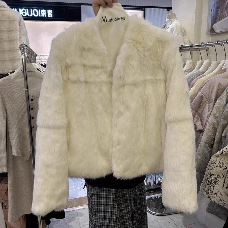 高端轻奢风浴袍领领兔毛外套女千金风百搭柔顺毛毛小香风上衣