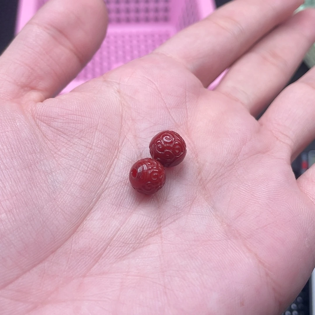 南红玛瑙14号 9mm柿子红回纹珠一组2颗未镶嵌