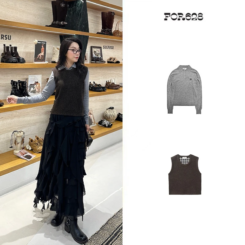 ETHOR 设计师品牌 后背烫钻长袖Polo针织衫& 马海毛圆领针织马甲