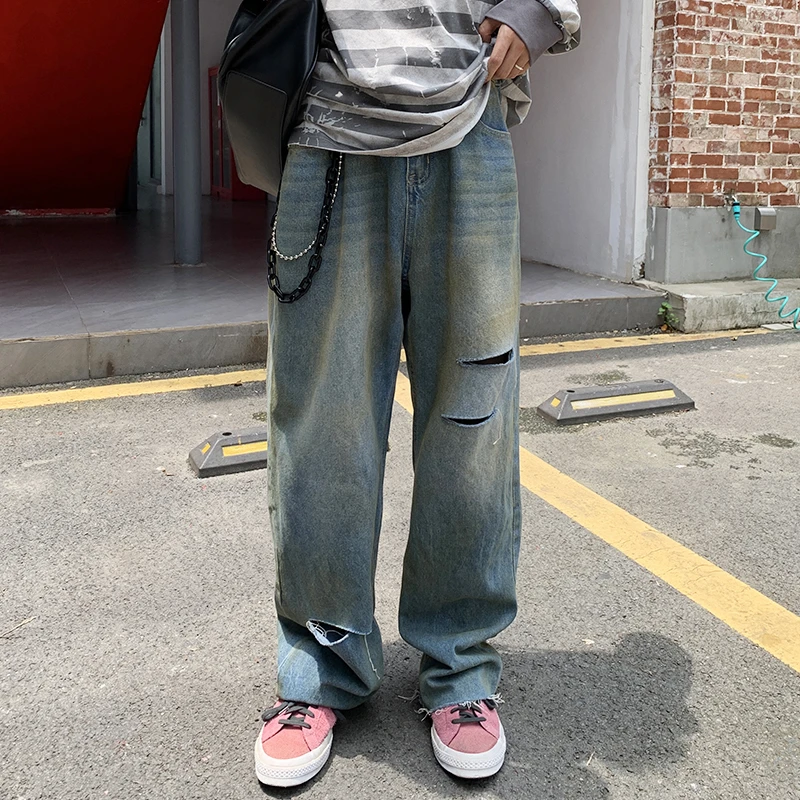 Lookun 沙尘 混纺CVC石洗牛仔长裤设计感直筒破洞复古做旧休闲男