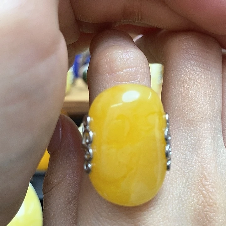 琥珀戒指银S925镶嵌戒指